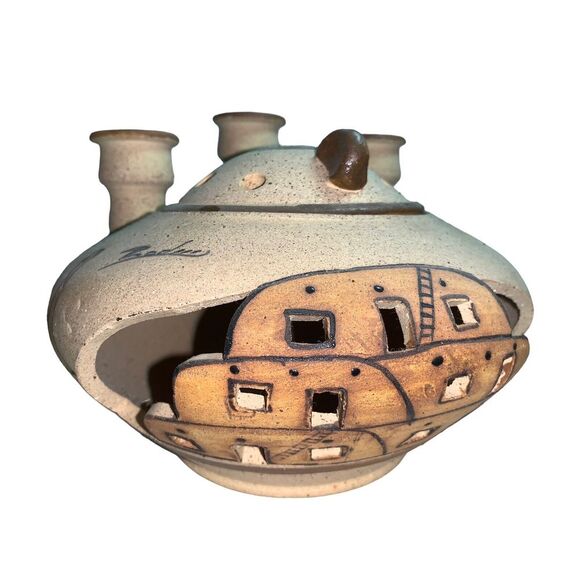 Handmade & painted clay cut out pottery candle‎ holder votive adobe style decor - Picture 2 of 9